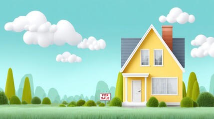 Yellow home for sale cloudy sky