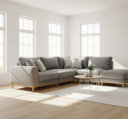 Minimalist living room interior with a large grey sofa bathed in bright natural sunlight from windows