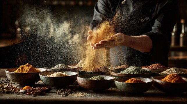 Chef Preparing Spices In Restaurant Kitchen