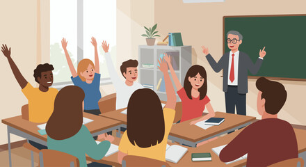 Engaged diverse students raising hands in a classroom with a male teacher, illustrating active participation and learning.