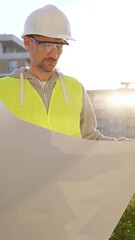Man an architect or engineer wearing safety hard hat and vest holding blueprint and looking to...