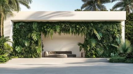 Fototapeta premium Modern tropical villa entrance covered with monstera, palm, and ferns climbing across the wall