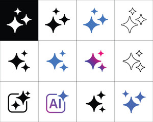 AI Generated Icon Set – Sparkle Star Logo with Square Button, Artificial Intelligence Assistant Symbol, Virtual Technology Chatbot Emblem