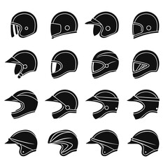 Diverse Set Of Black Motorcycle Helmet Icons In Multiple Designs On White Background safety protection