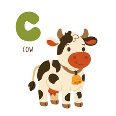 Cute cartoon illustration of a cow with the letter C, ideal for kids' alphabet learning, educational posters, and nursery decor