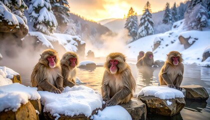 Obraz premium Monkeys enjoy the hot spring in winter