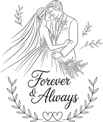 Wedding couple kissing line art, romantic bride and groom illustration, multiple poses, floral bouquet, black and white sketch drawing