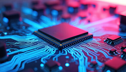 Futuristic microchip technology with colorful glowing circuit board design. Central processor component with intricate pathways representing advanced digital data flow, complex electronic engineering.