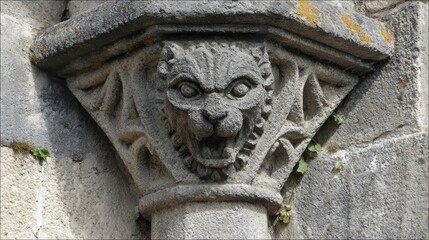 Stone carving of a snarling animal head atop a column