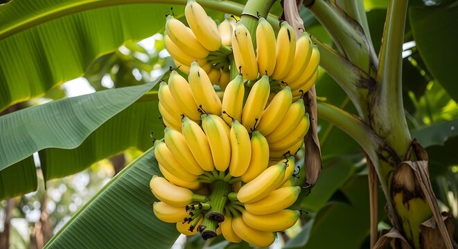 Bunch of ripe yellow bananas hanging on a tree with green leaves fruit tropical - Powered by Adobe