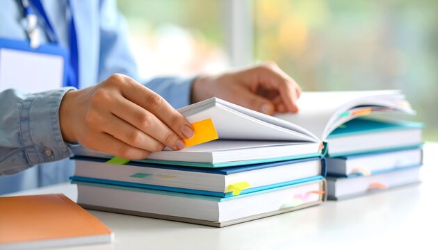 A person's hands are shown organizing and marking pages in a stack of academic books or binders with colorful sticky notes on a white desk.