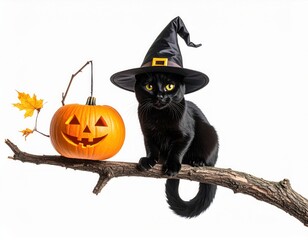 Fototapeta premium Cute Halloween black cat with witch costume and pumpkins on white background