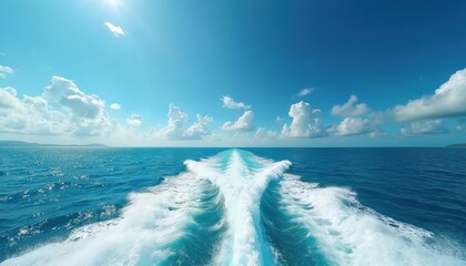 Vast ocean horizon under clear blue skies with cumulus clouds. Boat wake creates white foam trail on deep blue sea. Captures of freedom, adventure, and exploration on sunny day.