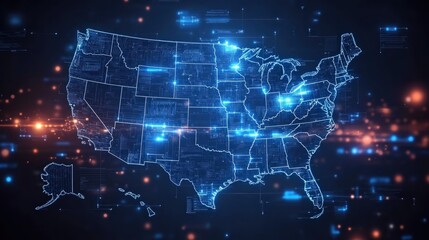 Naklejka premium Futuristic Digital Map of the United States with Bright Data Points and Technology Elements