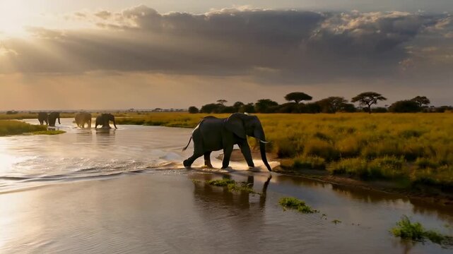 Elefante cruzando un r&iacute;o en la Sabana