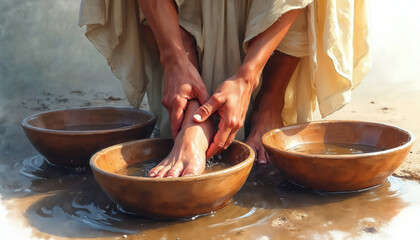 Jesus washes disciples feet in watercolor painting. Digital artwork captures Maundy Thursday biblical scene with humble servant leadership. Spiritual Christian faith, worship, ritual theme.