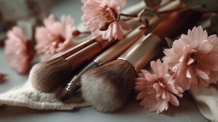 Soft pink flowers and elegant makeup brushes create a delicate cosmetic flatlay perfect for beauty, fashion, and feminine skincare themes.

