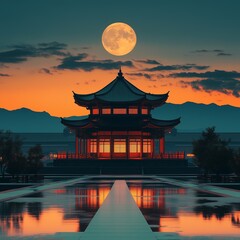 Silhouette of a tranquil Buddhist temple under a glowing full moon with calm reflections, capturing peaceful evening serenity.

