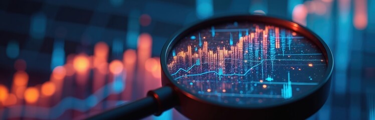 Magnifying glass reveals vibrant data streams, financial charts. Digital analysis of market trends, growth, investment insights. Futuristic blue, orange glowing interface with abstract patterns.