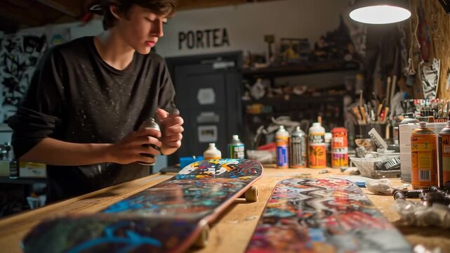 Teenager Customizing Skateboard with Spray Paint in Creative Workspace Surrounded by Art Supplies