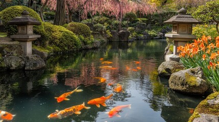 Japanese garden pond with koi fish.  Pink blossoms and lanterns