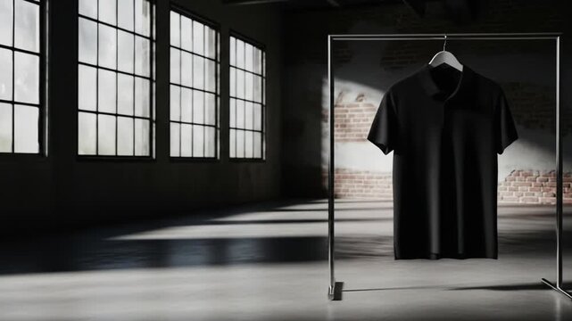 Concept of minimalist fashion with a classic black polo shirt on a metal rack in a stark, sunlit industrial loft
