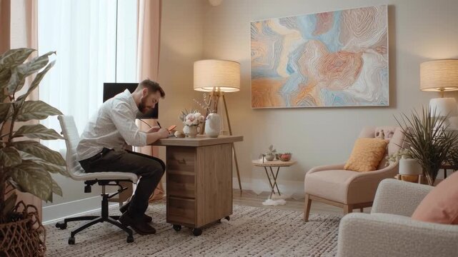 Calming Therapy Office Setup for Mental Health Professional with Cozy Atmosphere and Natural Elements in Spacious Environment