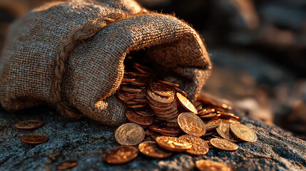 Obraz premium Glowing coins spilled from old sack on rough ground symbolize lost riches and treasure hunting