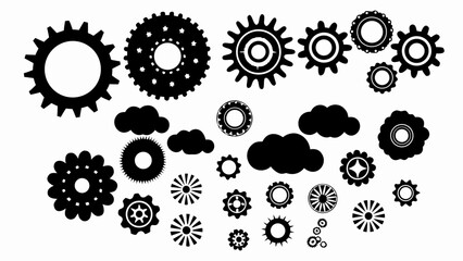 Illustration of various gears and cloud shapes in black and white with intricate designs and varying sizes silhouette