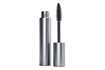 Metallic silver mascara tube, open.  Dark gray/black mascara wand