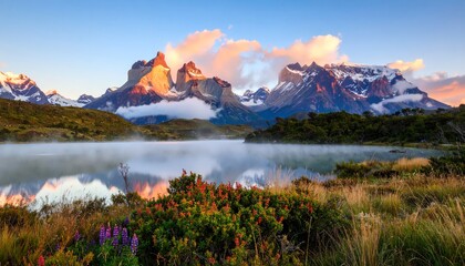 Sunrise on Torres del Paine mountains