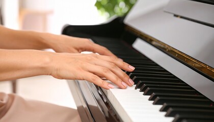 Fototapeta premium Close-up of gentle female hands softly playing piano keys during a lesson, performing favorite classical music. Warm lighting, elegant fingers, focused and artistic expression