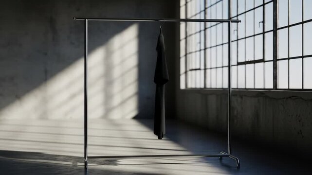 Elegant black polo shirt hanging on a modern clothing rack under a spotlight in a dark, minimalist studio.