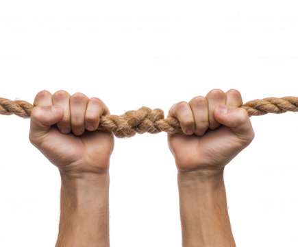 Two hands tightly gripping a thick rope in a tug of war isolated on transparent background - Powered by Adobe