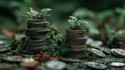 Green plants sprouting from two coin stacks represent natural growth and financial success