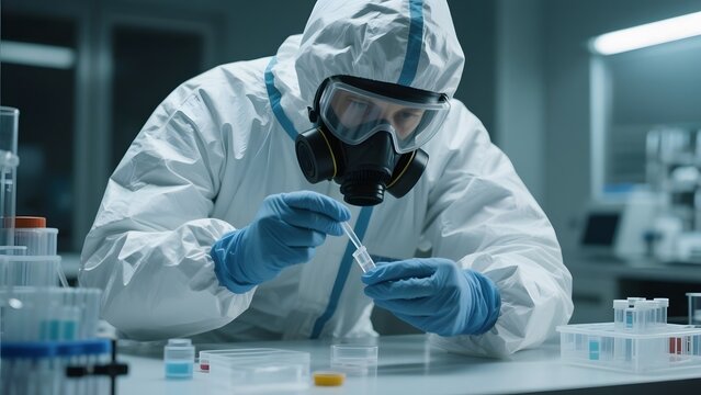 Scientist in protective suit analyzing samples in a laboratory setting