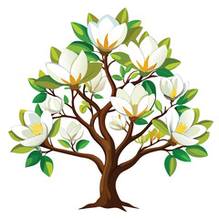 Obraz premium A vibrant magnolia tree with large, delicate white flowers and green leaves on a simple white background.