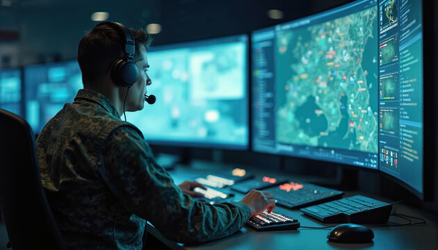 Military personnel in control room monitors tactical data on screens. Soldier wearing headset operates simulation technology, analyzing mission strategy, coordinating operations in modern defense