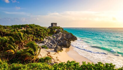 Fototapeta premium Tulum's ruins overlook the ocean beach
