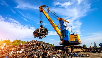 Yellow and Blue Crane Lifting Scrap Metal Against a Bright Blue Sky