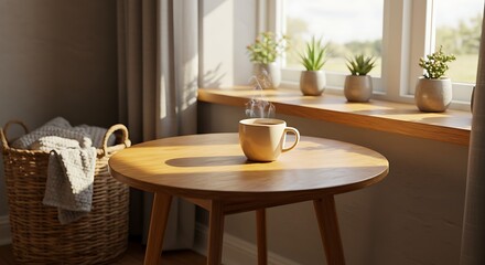 A cozy morning scene featuring a steaming mug of coffee on a wooden table, illuminated by gentle sunlight from a nearby window.