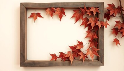 Obraz premium Monochrome autumn maple leaf in rustic wooden frame on beige background , graphic, leaf frame