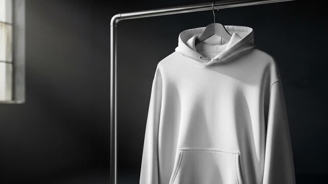 Blank black pullover hoodie sweatshirt mockup hanging on a metal rack in a minimalist, industrial-style room