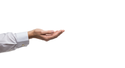 Light-skinned hand with crisp business cuff presenting an abstract concept from left on a high-key white studio background, concept of professional innovation