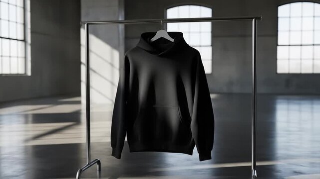 Stylish gray hoodie mockup on a wooden hanger against a dark background. Blank pullover for custom design.