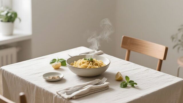 Steaming bowl of pasta served on a neatly set table with fresh herbs and lemon