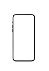 A pristine black modern smartphone with a blank white screen and visible notch, isolated on a transparent background with copy space, concept of modern technology template for digital content