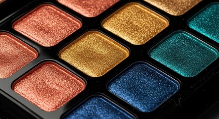 Fototapeta premium Shimmery Eyeshadow Palette Close-Up with Vibrant Metallic Shades – Professional Makeup Product Texture