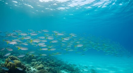 Fototapeta premium Underwater spectacle of a school of fish swimming gracefully over coral reefs and sandy sea beds