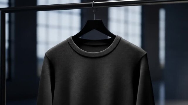 Sleek black crewneck sweatshirt hanging on a rack in a minimalist, modern industrial loft space